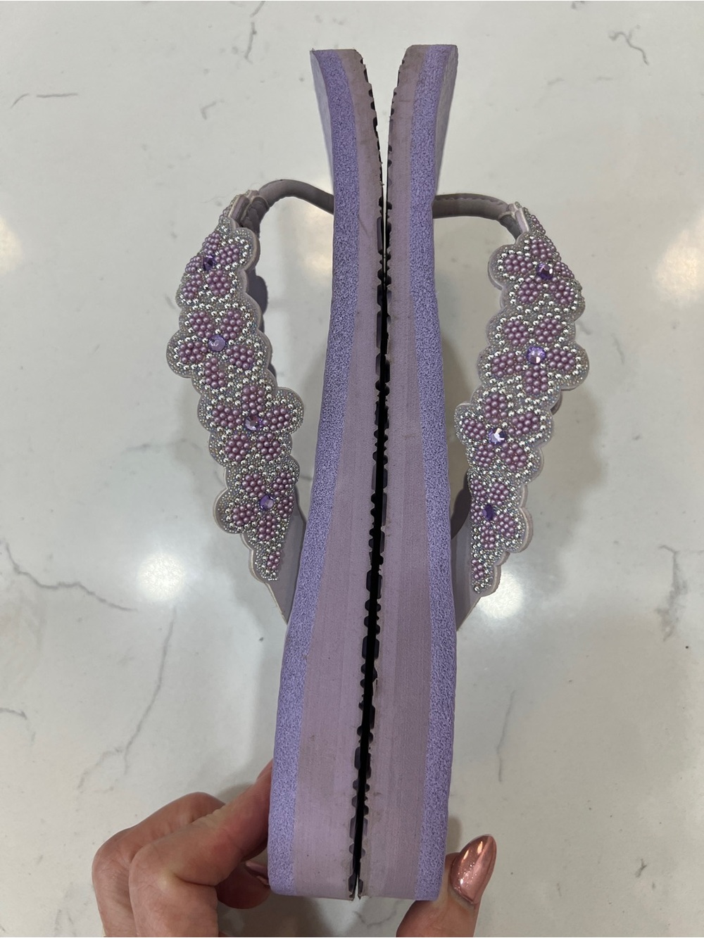 Skechers Cali Women 8.5 Violet Bejeweled Wedge Flip Flop Sandal yoga Foam sole - Picture 4 of 13